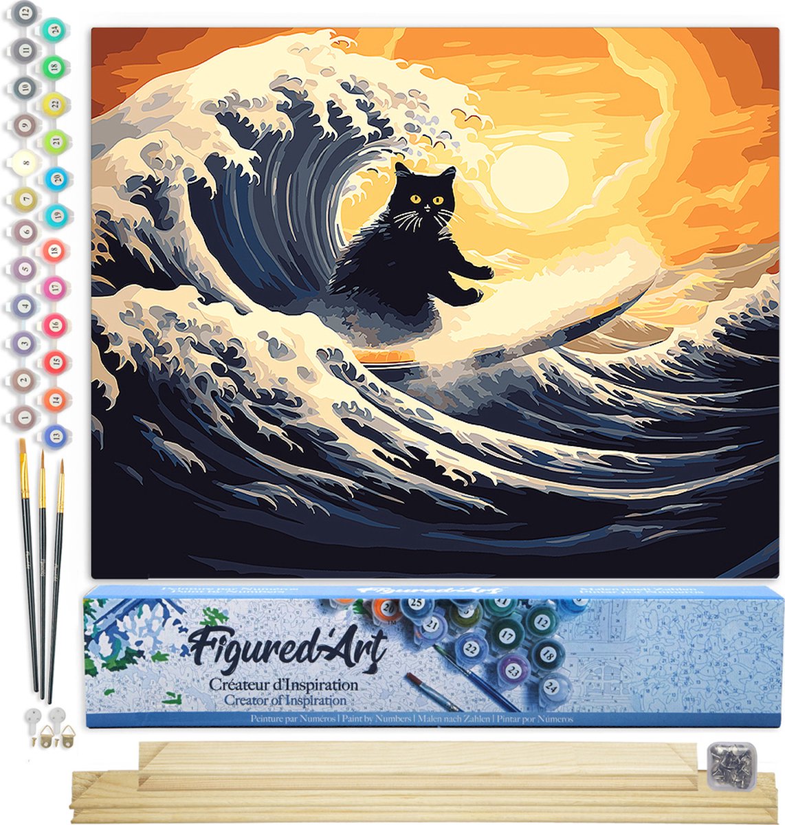 FiguredArt Schilderen op Nummer Volwassenen canvas De grote golf van de zwarte kat- Handwerk acrylverf Kit DIY Compleet - 40x50cm met DIY houten lijst